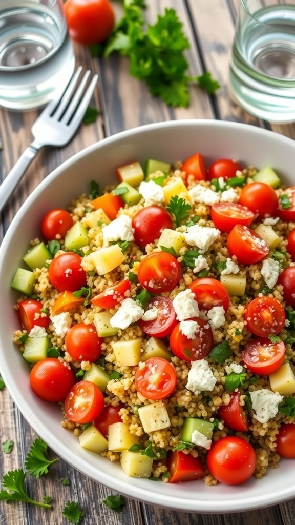 A vibrant Mediterranean quinoa salad with cherry tomatoes, cucumbers, bell peppers, and feta cheese on a wooden table.